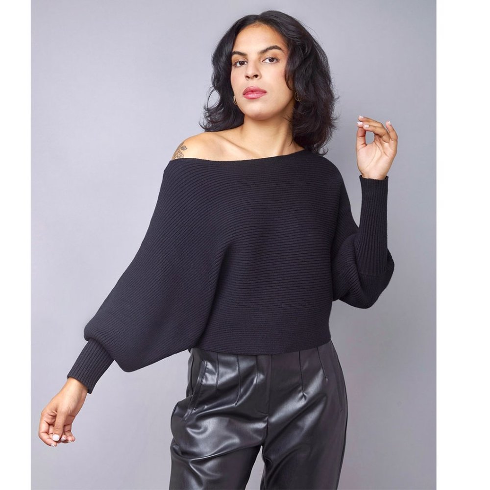 Black Dolman Sleeve Ribbed Knit Sweater Top $20 Today Only